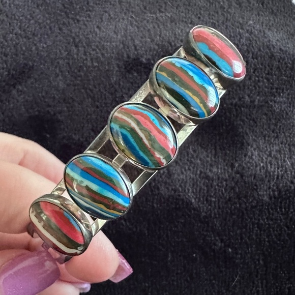 Rainbow Calsilica sterling silver cuff bracelet - Picture 2 of 7